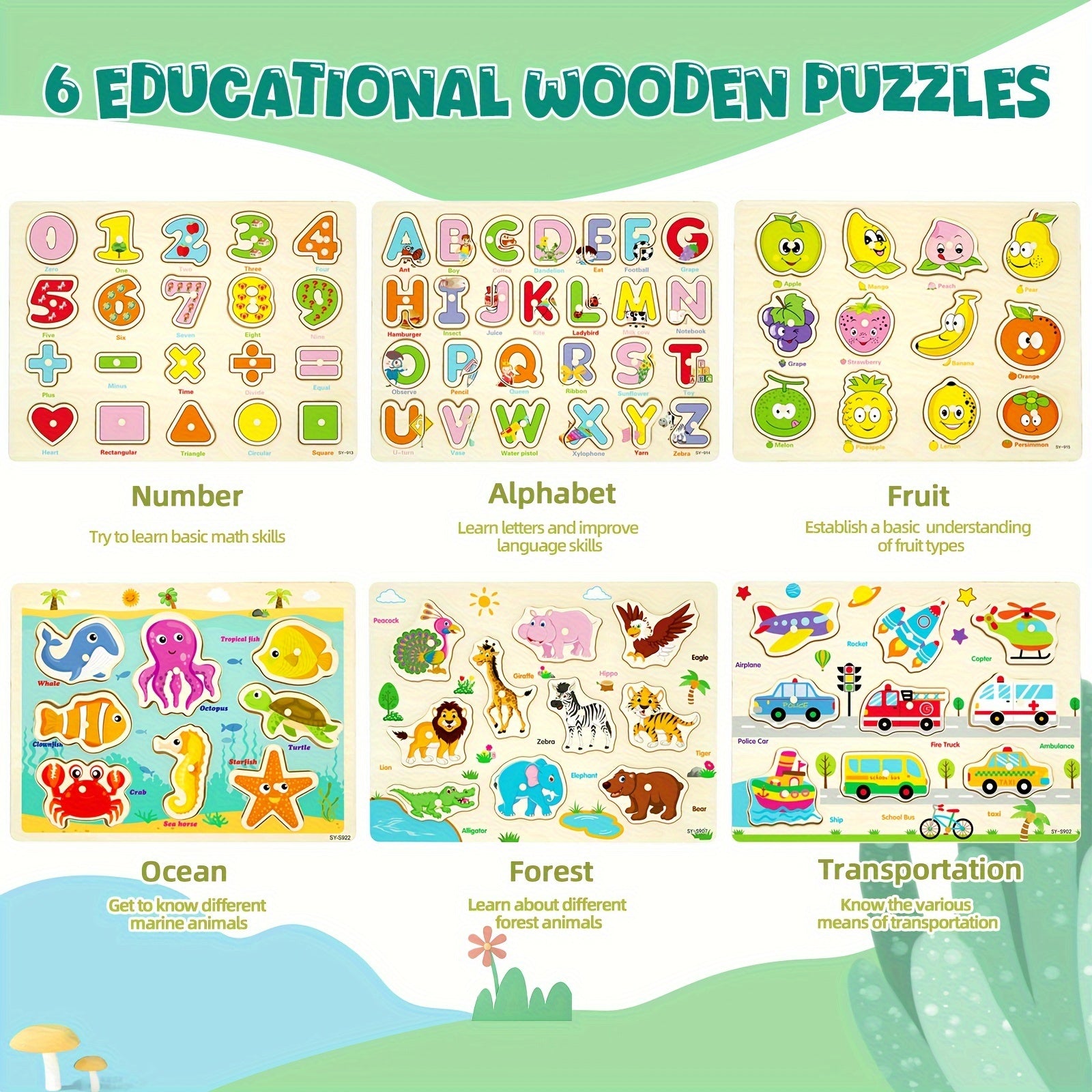 6 Houten Peg Puzzels | Dieren, Alfabet en Nummers Educatief Speelgoed