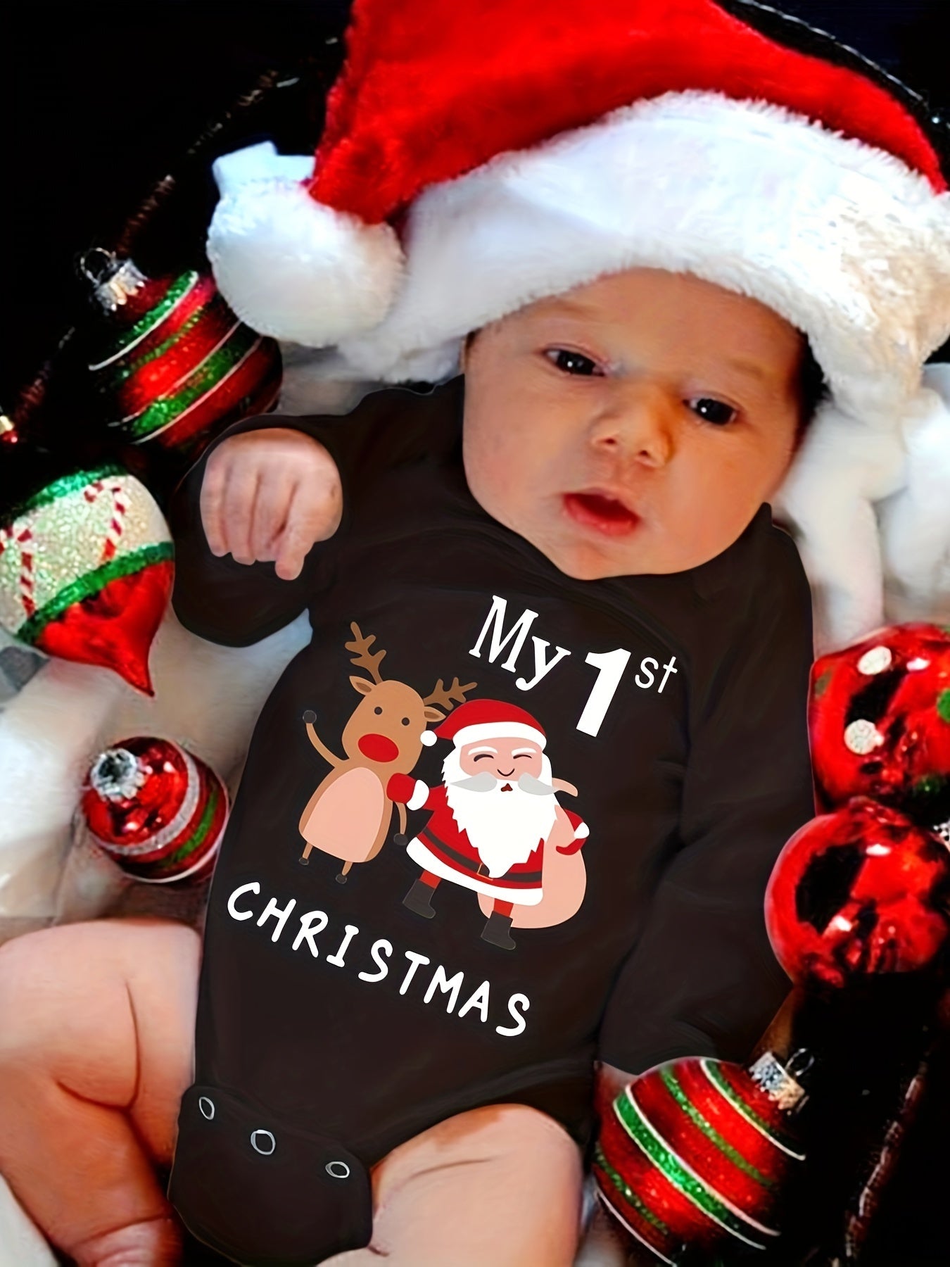 'Mijn 1e Kerst' Kerstman Print Romper met Lange Mouwen voor Kinderen | Zachte, Comfortabele Polyester Baby Onesie voor Kerstmis, Dagelijks Gebruik, Feestdagen en Fotoshoots