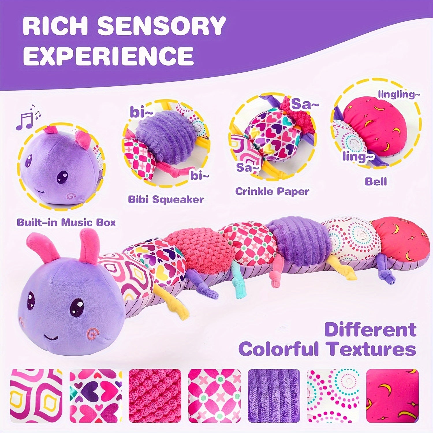 Muzikale Rups Knuffel | Baby Speelgoed met Rammelaar & Krasgeluid | Zintuiglijk Speelgoed voor 0+ Maanden