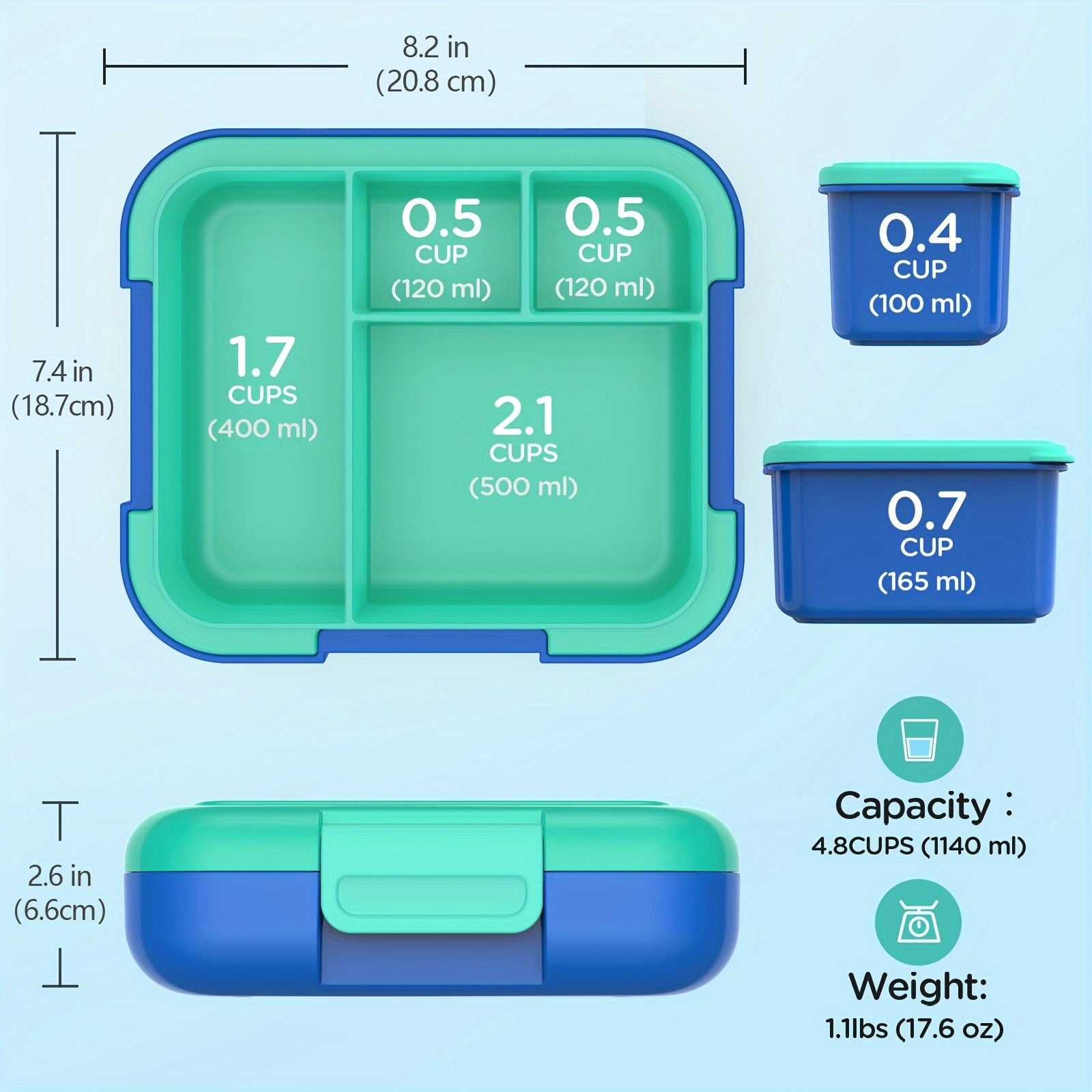 Caperci Bento Lunchbox 4 Compartimenten | Jungle Green/Blue – Grote Capaciteit, Lekvrij & Vaatwasser-/Magnetronbestendig