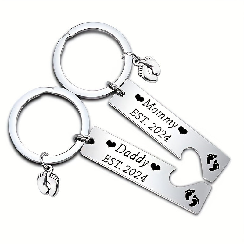 1 Paar Herdenkings Sleutelhangers van Roestvrij Staal Gegraveerd, Ideaal Geschenk voor Nieuwe Vader en Moeder