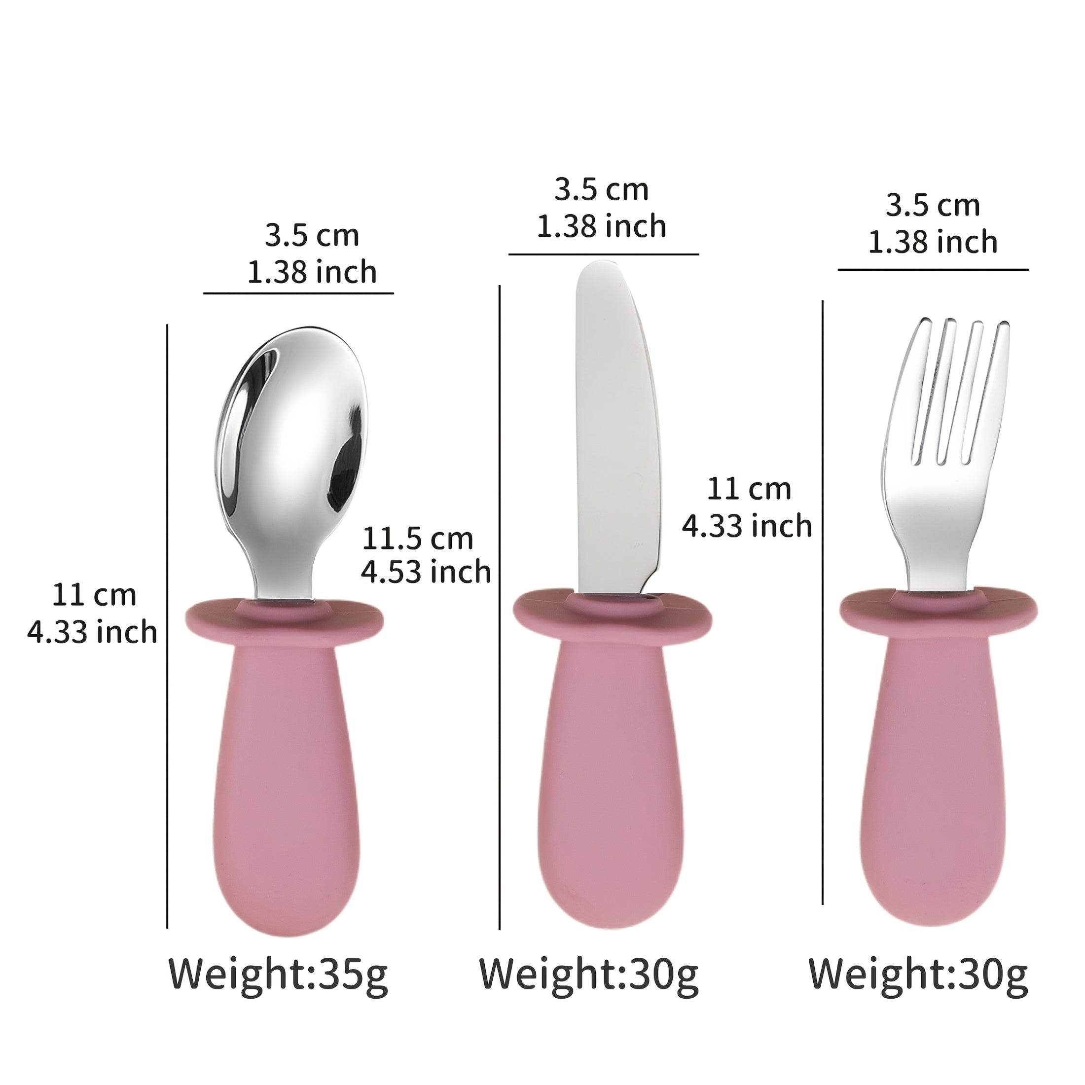 3-delige Rvs Lepel Vork Mes Set met Silicone Handvatten, Zachte Randen, Comfortabele Eetbestek voor Baby's