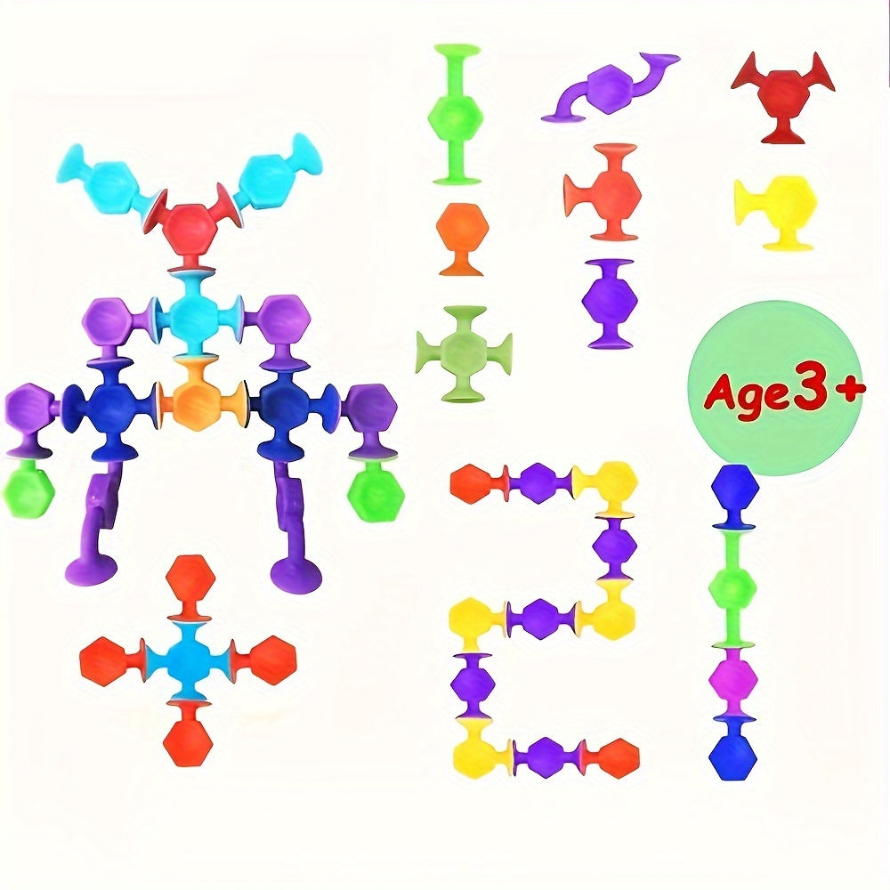 Zuignap Speelset met 18/48 Stuks | Zachte Siliconen Bouwblokken in Eierdoos, Sensorisch Fidget Speelgoed, Ideaal voor Reizen & Vakantie
