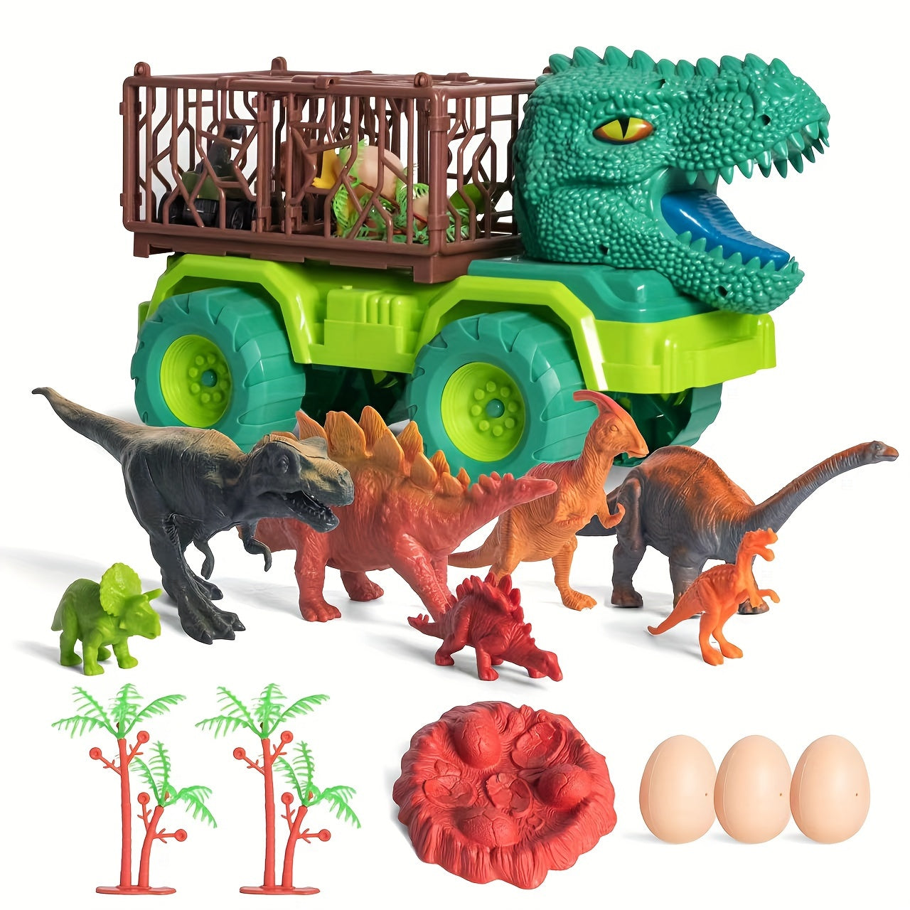 Dinosaurus Transporter Truck Speelgoed Set, 14-delige T-Rex Vrachtwagen met Educatief Speeltijd, Verjaardags- & Kerstcadeau voor Kinderen van 3-6 Jaar