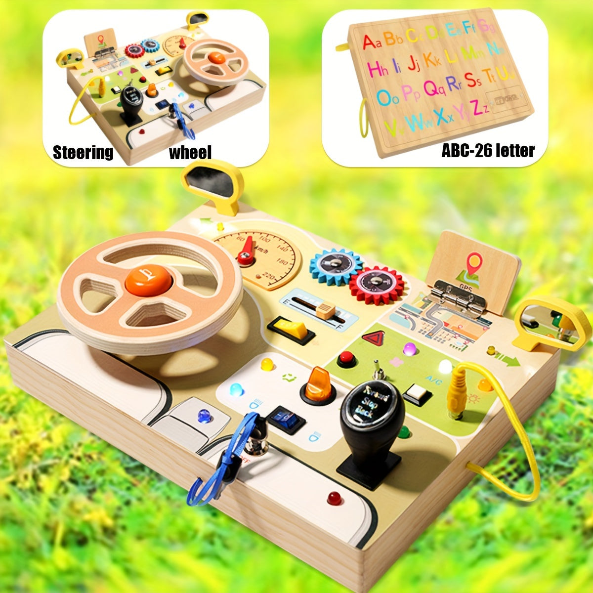 Interactief houten bord voor kinderen | Educatief stuurwiel met LED, muziek en sensorische activiteiten - Perfect reis speelgoed en cadeau voor Kerst/Halloween, assorti kleuren.