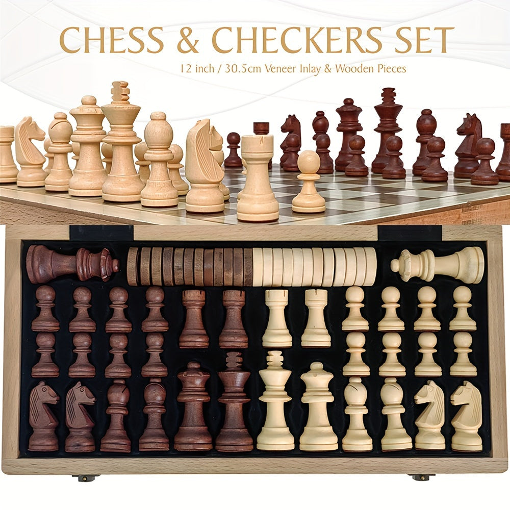 30.5 cm Groot Houten Schaak- en Damspel – Opvouwbaar Strategie Bordspel met Luxe Opbergdoos