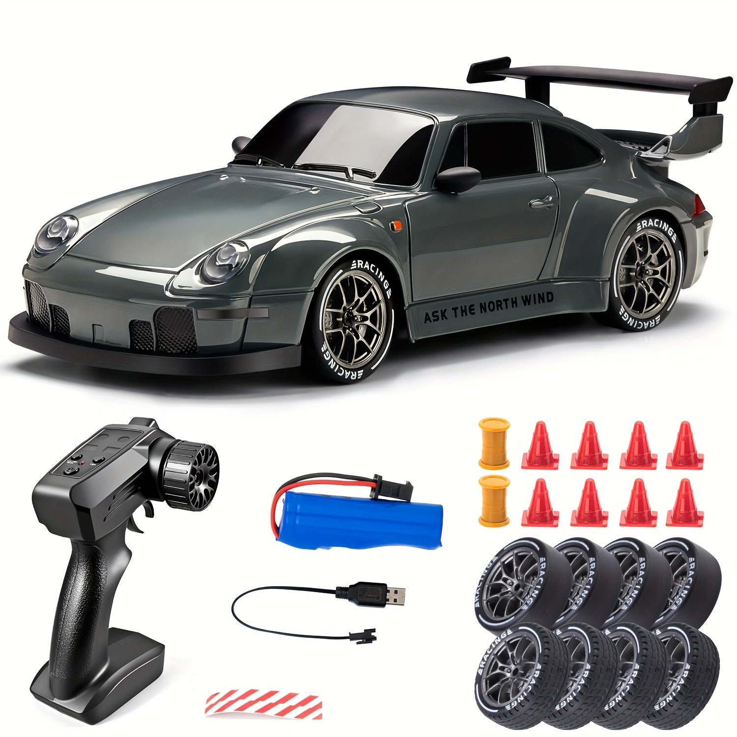 [1 stuk 2.4GHz 4WD RC Drift Auto] - 1:24 RC Drift Auto met Knipperende Lichten, 4WD Hoge-Snelheid Raceauto, Dual Tire Set voor Snelheid & Drift, Inclusief 500mAh Oplaadbare Batterij, USB Oplader, Kegels & Gereedschap