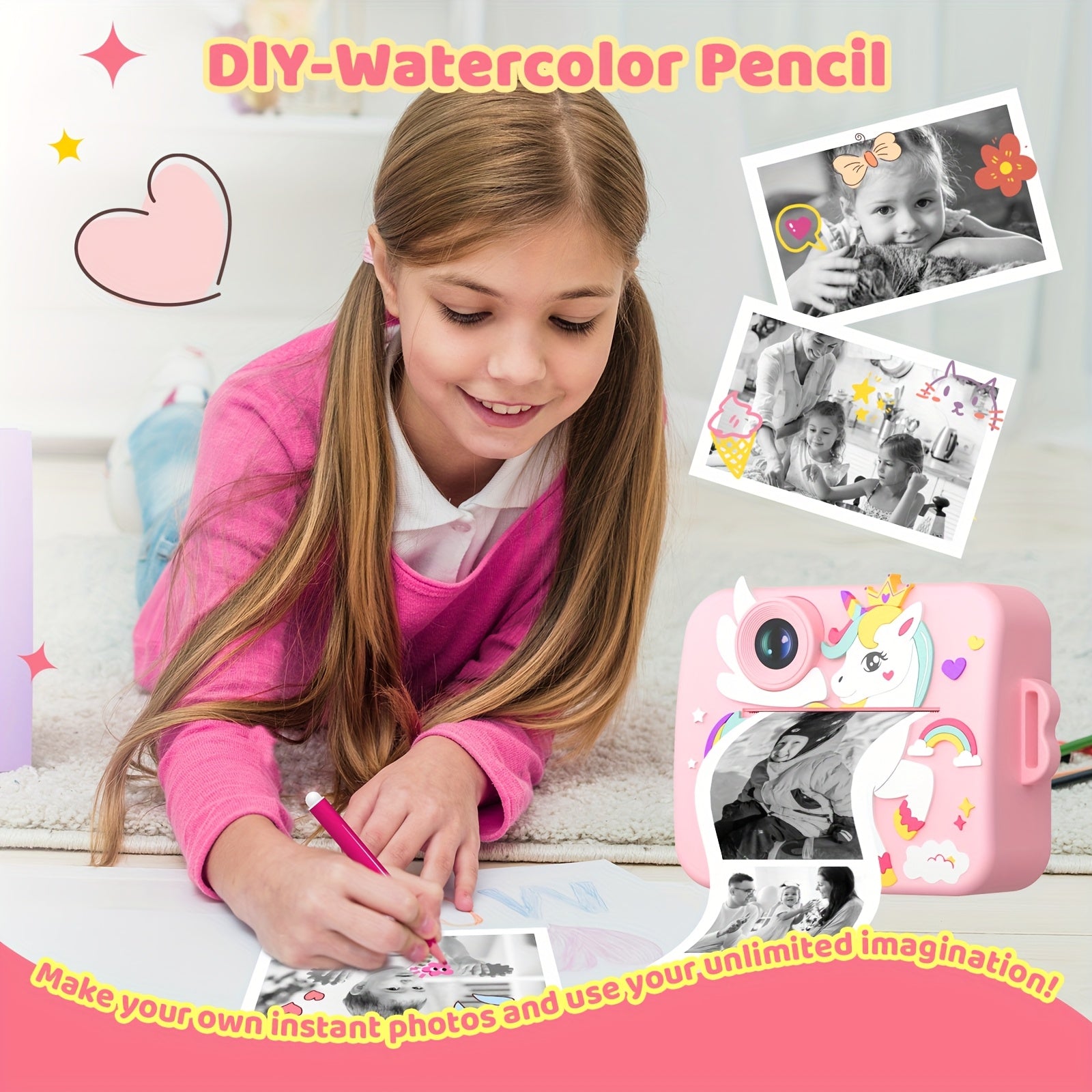Direct-Klaar Printcamera voor Kinderen van 3-12 Jaar - Digitaal Fototoestel met Selfiecamera voor Jongens en Meisjes - Creatief Speelgoed Cadeau Inclusief Printrollen en Stiften