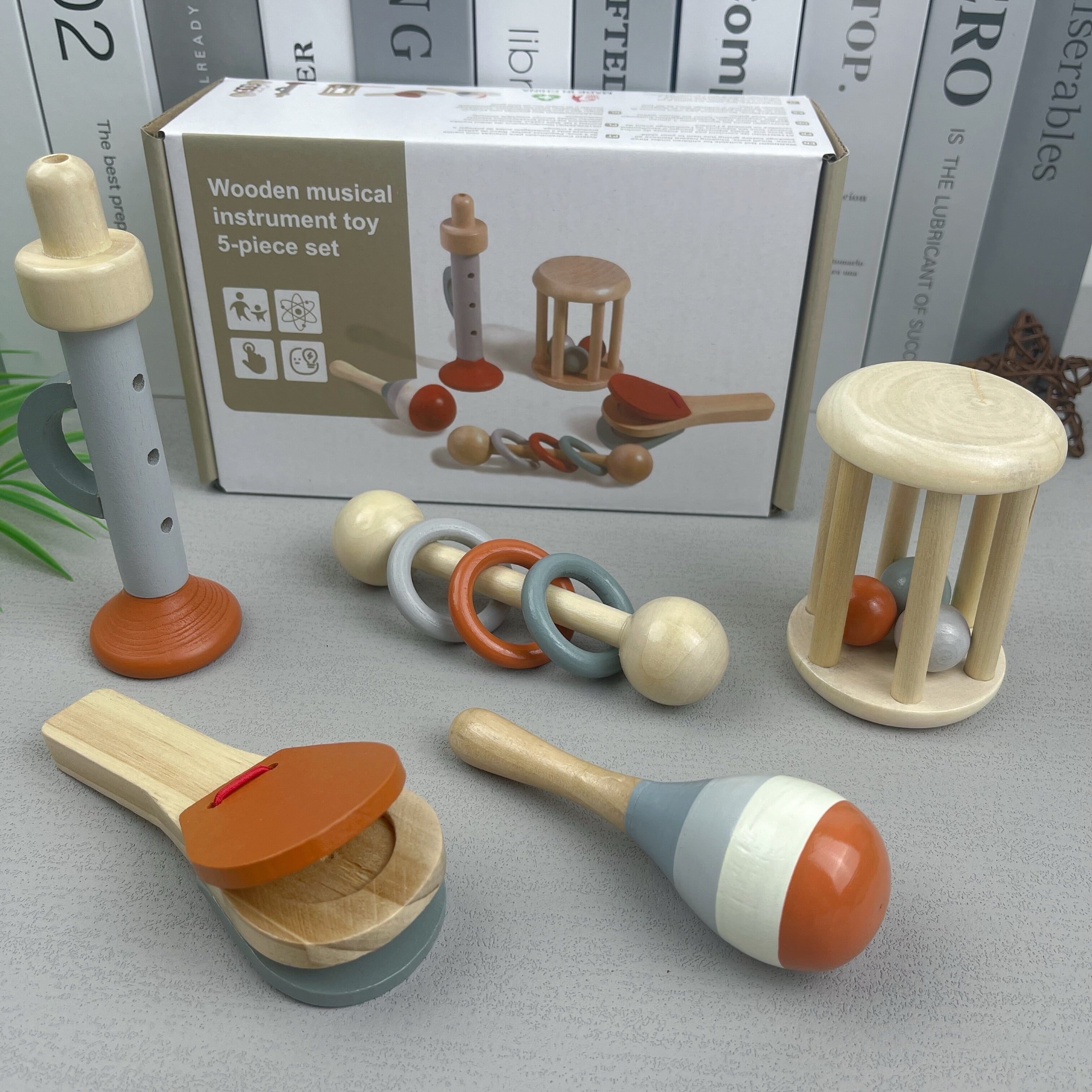 Vijfdelige Set Orff Muziekinstrumenten Houten Speelgoed | Bel, Handgrijprammelaar, Zandhamer, Becken en Ring Combinatieset | Geschikt voor Kalmerende 18-Maand-Oude Kinderen