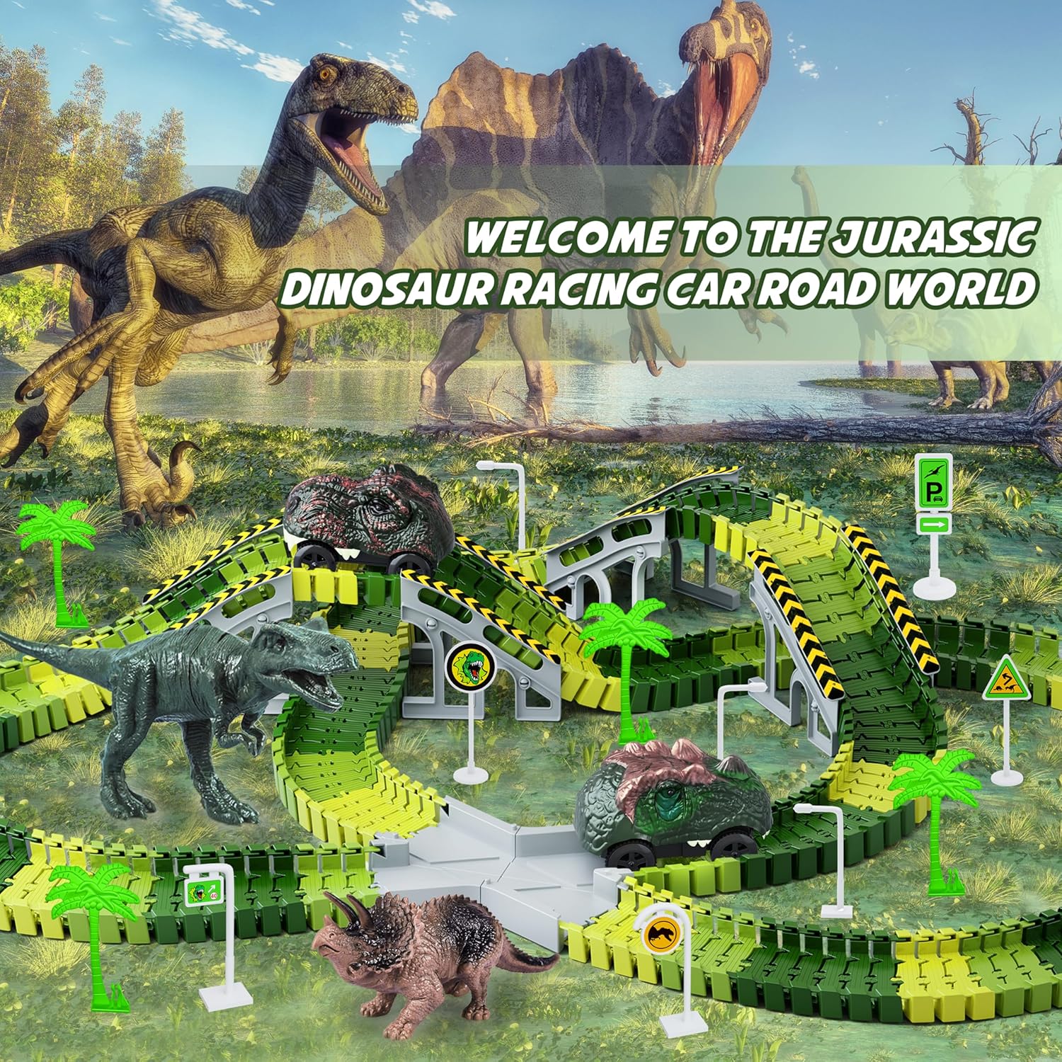 Dinosaurus Racebaan | Flexibele Baan met 2 Auto’s & Dino Figuren | Speelset voor Jongens & Meisjes vanaf 3 Jaar
