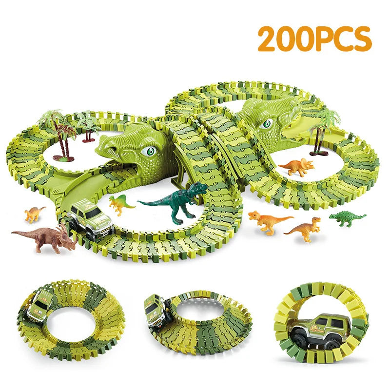 Dinosaur racecircuit - Flexibel autospoor om te assembleren met LED en lichteffecten voor kinderen