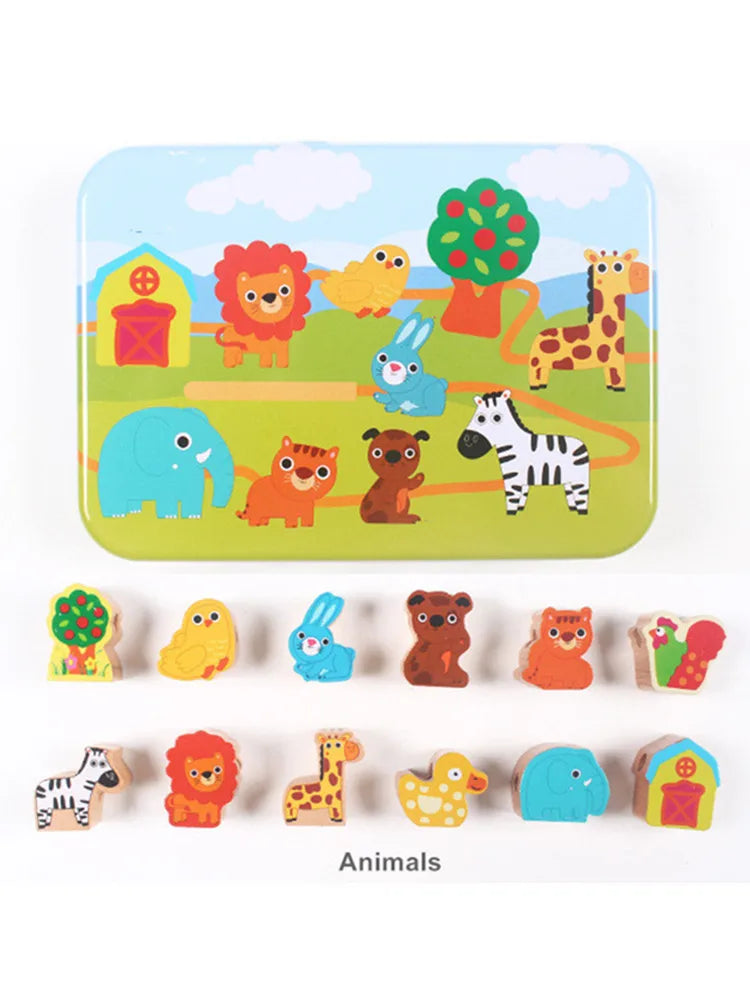 Moulty Wooden Lacing Beads in Iron Box String Lacing Puzzle Early Learning Educational Toys For Toddler Children DIY Toys