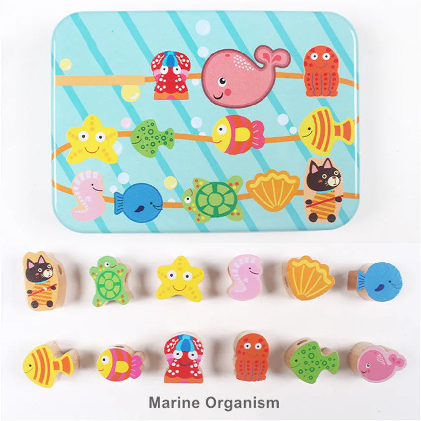 Moulty Wooden Lacing Beads in Iron Box String Lacing Puzzle Early Learning Educational Toys For Toddler Children DIY Toys