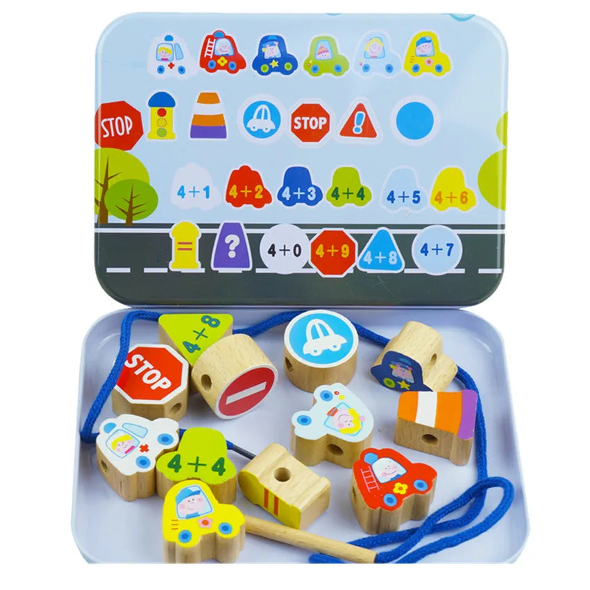 Moulty Wooden Lacing Beads in Iron Box String Lacing Puzzle Early Learning Educational Toys For Toddler Children DIY Toys