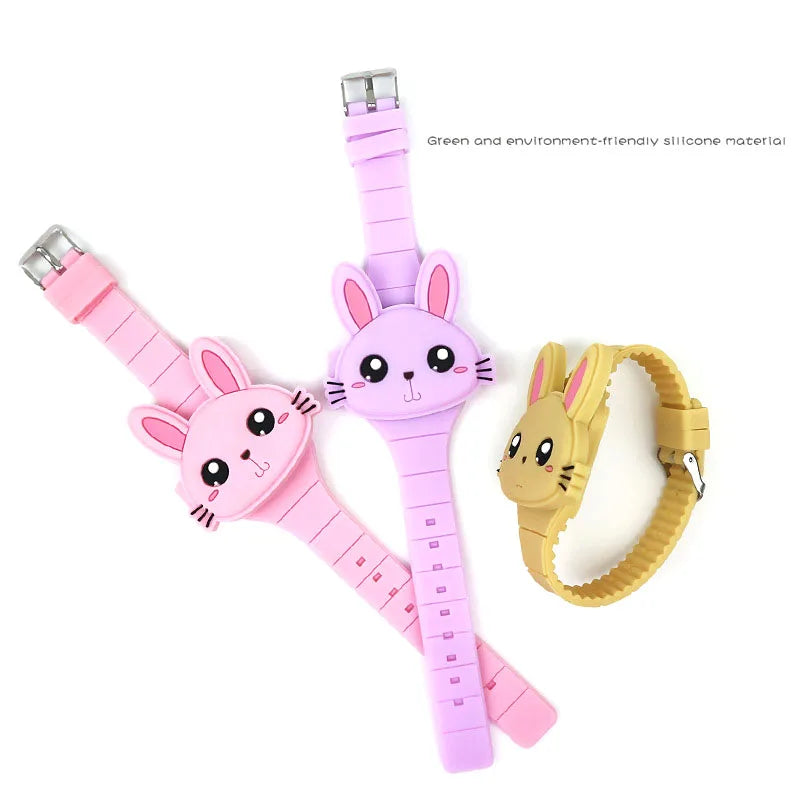 3D Cartoon LED Kinderhorloge | Konijn & Kat Siliconen Polshorloge, Verjaardagscadeau