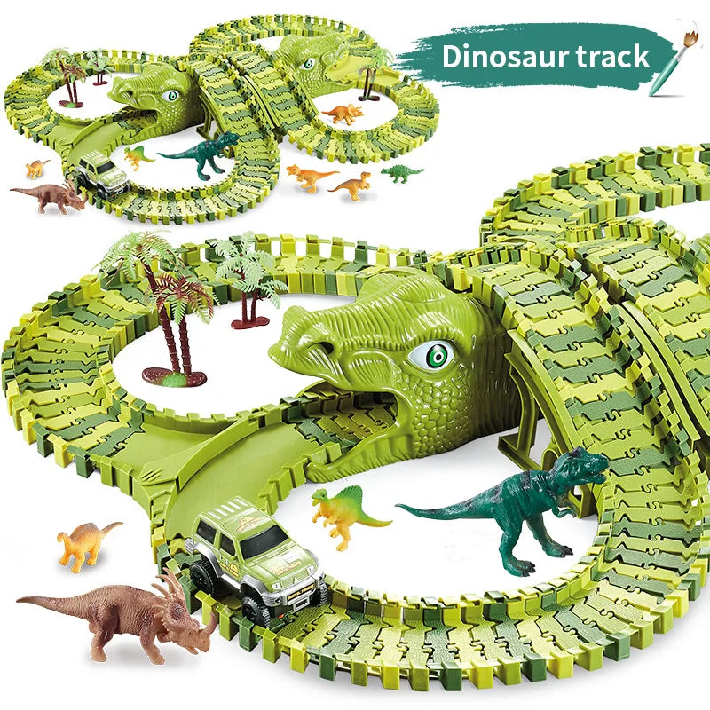 Dinosaur racecircuit - Flexibel autospoor om te assembleren met LED en lichteffecten voor kinderen