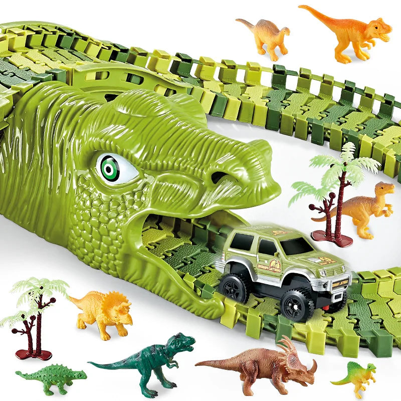 Dinosaur racecircuit - Flexibel autospoor om te assembleren met LED en lichteffecten voor kinderen