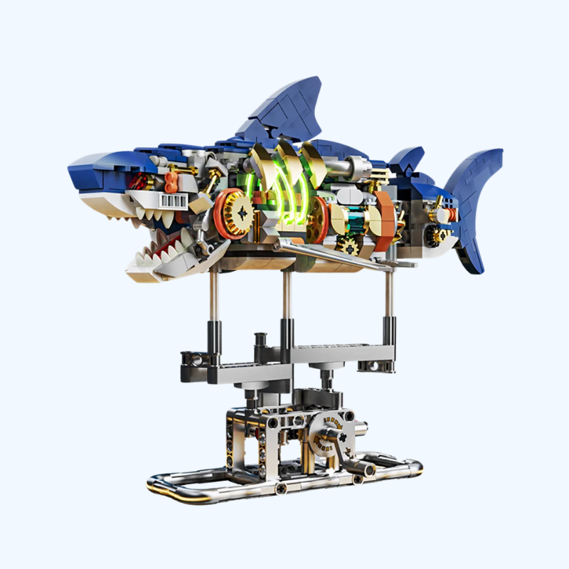 Mechanische Haai Bouwset | Zeeleven Blokken Set met Displaystand en Lichten, Blok Cadeau voor Kinderen en Volwassenen