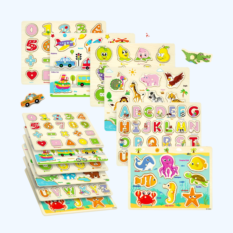 6 Houten Peg Puzzels | Dieren, Alfabet en Nummers Educatief Speelgoed