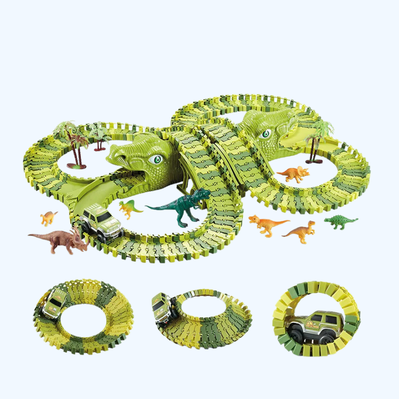 Dinosaur racecircuit - Flexibel autospoor om te assembleren met LED en lichteffecten voor kinderen