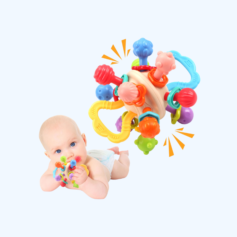 Manhattan Bal Baby Speelgoed | Zachte Siliconen Grijpbal met Rammelaar & Bijtring voor Baby’s 0-12m