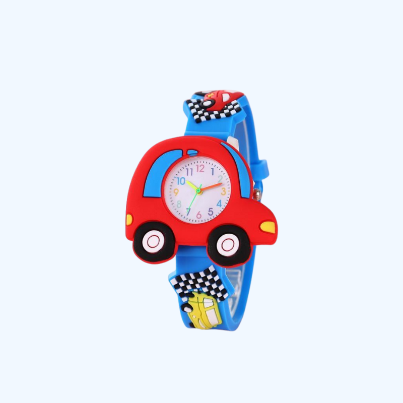 3D Raceauto Kinderhorloge | Stoere Quartz Watch met Rood-Zwarte Band | Modeaccessoire | Voor Kinderen