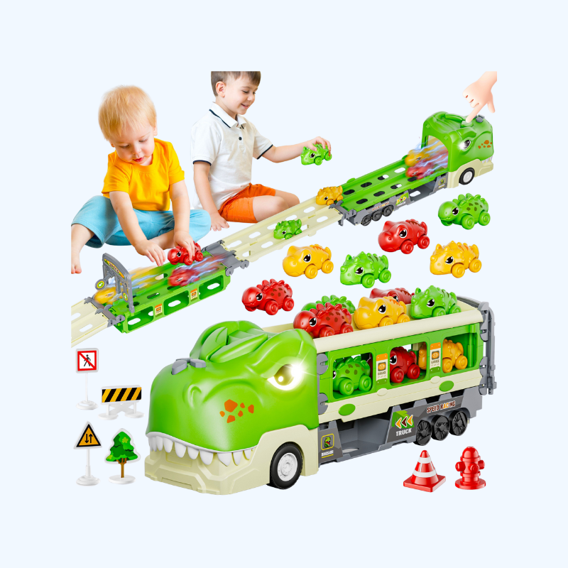 Dinosaurus Speelgoed Truck | 2-in-1 Transporter met Racebaan