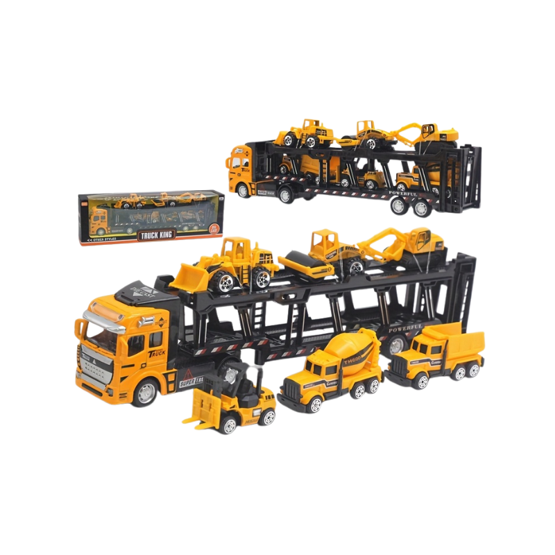 32cm Die-Cast Truck Set | 1x Vrachtwagen + 6 Mini Bouwvoertuigen | Vanaf 3 Jaar
