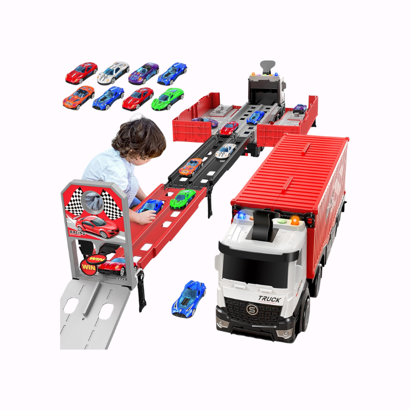 3-Laags Racebaan Truck | 8 Mini Auto’s + Vrachtwagen | Opvouwbaar Speelset | 3–6 Jaar
