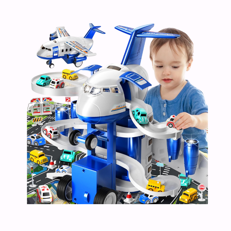 Vliegtuig Racebaan Speelset | 8 Auto’s + Garage + Speelmat | Voor 3–7 Jaar | Verjaardagscadeau