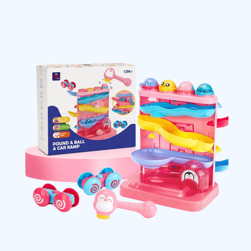 2-in-1 Hamerbal & Auto-Ramp Speelgoed | Montessori Leer Cadeau voor 1-3 Jaar | STEM Ontwikkelingsspeelset
