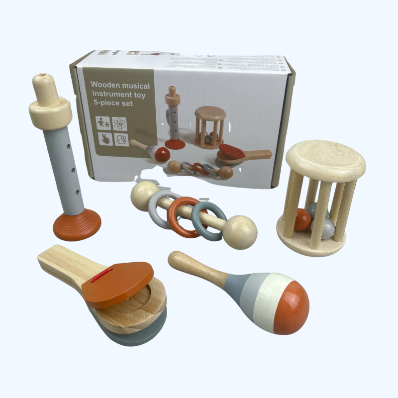Vijfdelige Set Orff Muziekinstrumenten Houten Speelgoed | Bel, Handgrijprammelaar, Zandhamer, Becken en Ring Combinatieset | Geschikt voor Kalmerende 18-Maand-Oude Kinderen