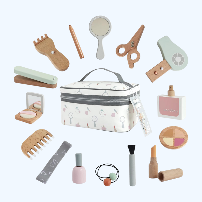 Houten Make-up Speelset | 16-delige Fantasiesalon Kit | Cadeau voor Meisjes 3+ Jaar