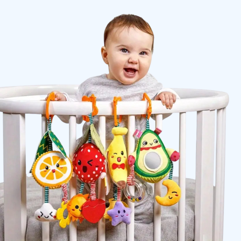 4-delige Baby Wagenspiraal Rammelaar | Pluche Speelgoed met Fruitdesign en Bevestiging