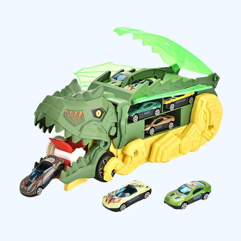 Dinosaurus Vrachtwagen Speelgoed Set, T-Rex met 6 Mini Auto's, Willekeurige Legering Auto's, Leuk Verjaardags- & Kerstcadeau voor Kinderen van 3-6 Jaar
