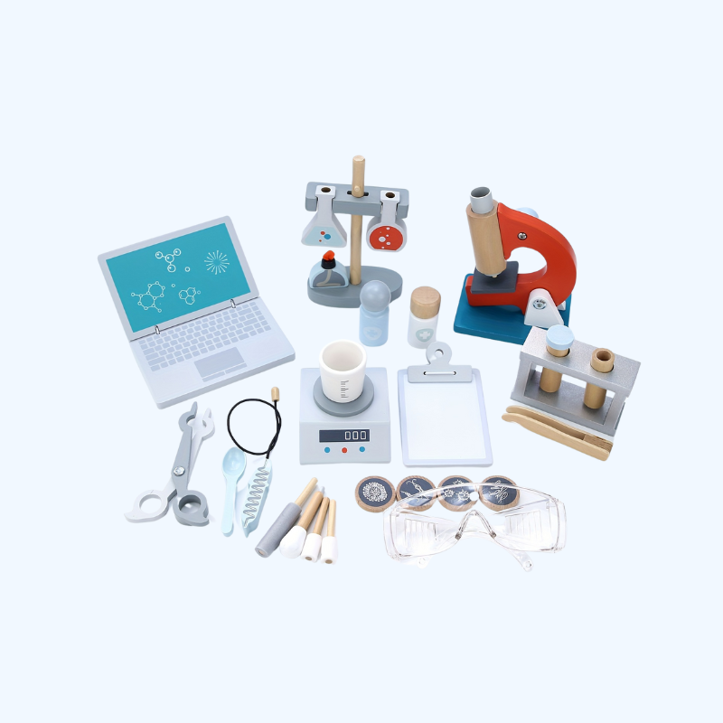 29-delige Houten Wetenschapper Set | STEM Educatief Speelgoed met Laptop, Microscoop & Bekers