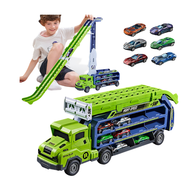 3-in-1 Transformeerbare Auto Speelset | Met Raketlanceerder, Inertiaal Slide & Vouwbare Vrachtwagen | STEM Educatief Speelgoed voor 3+ Jaar | Inclusief Metaalauto's