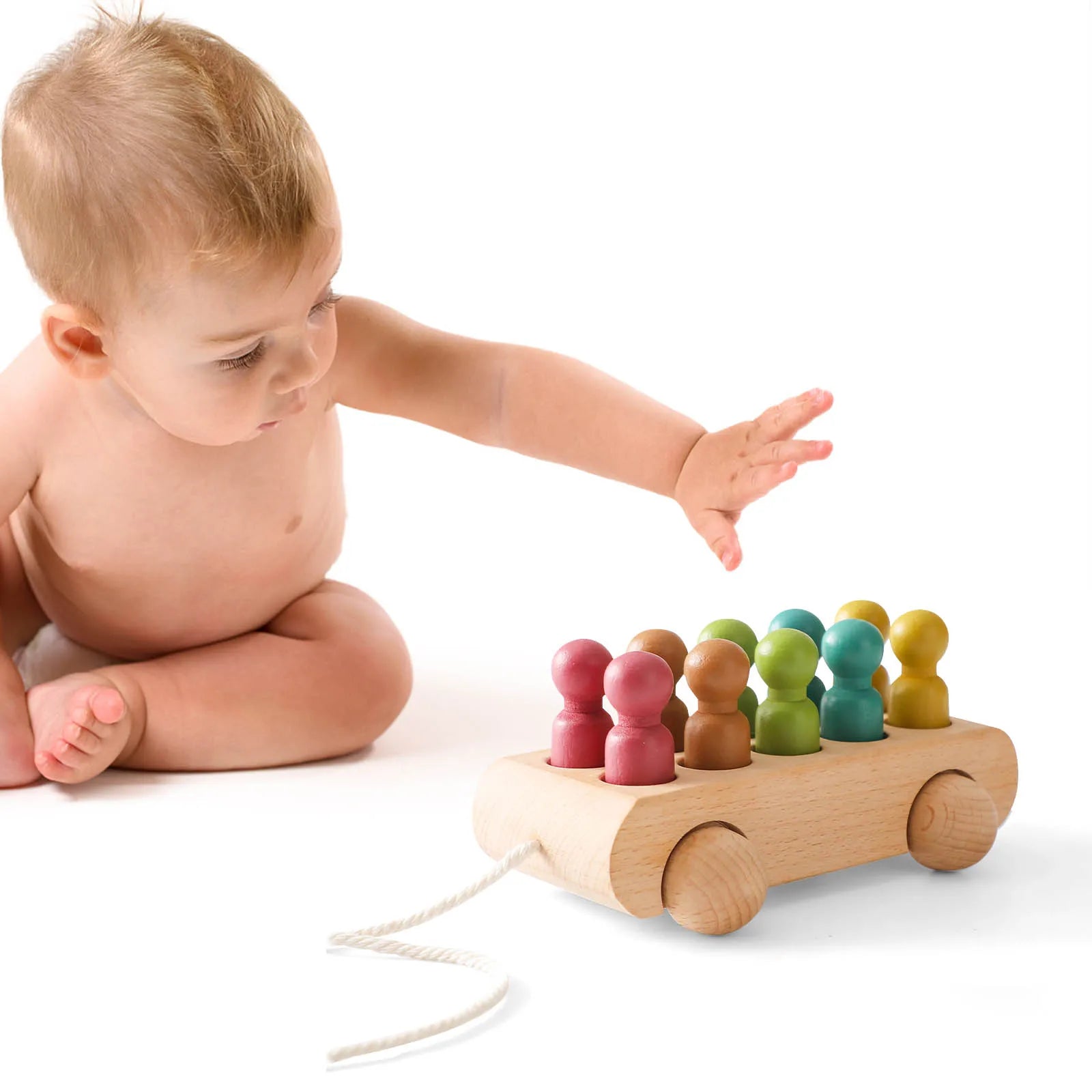Houten Kleurrijke Beuken Loopwagen Speelgoed - Voor Baby's van 1 tot 3 Jaar met 10 Houten Poppen, Montessori Ontwikkelingsspeelgoed