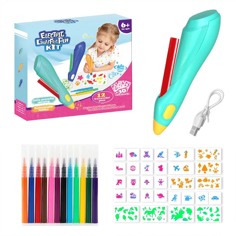 Elektrische Verfspuitpen voor Kinderen | 12 Kleuren Uitwasbare Markers voor Creatieve Kunst