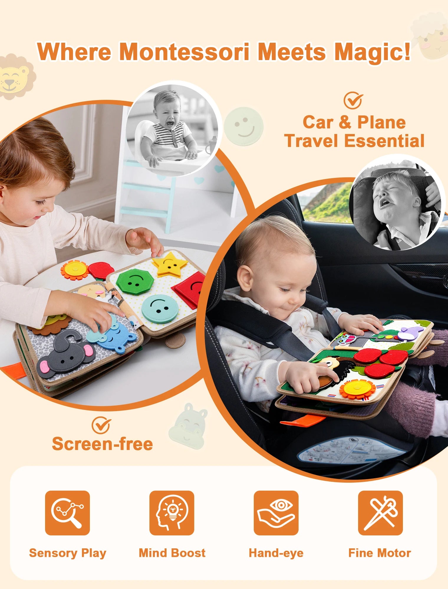 Montessori Giraffe Busy Board | Viltboek voor Fijne Motoriek