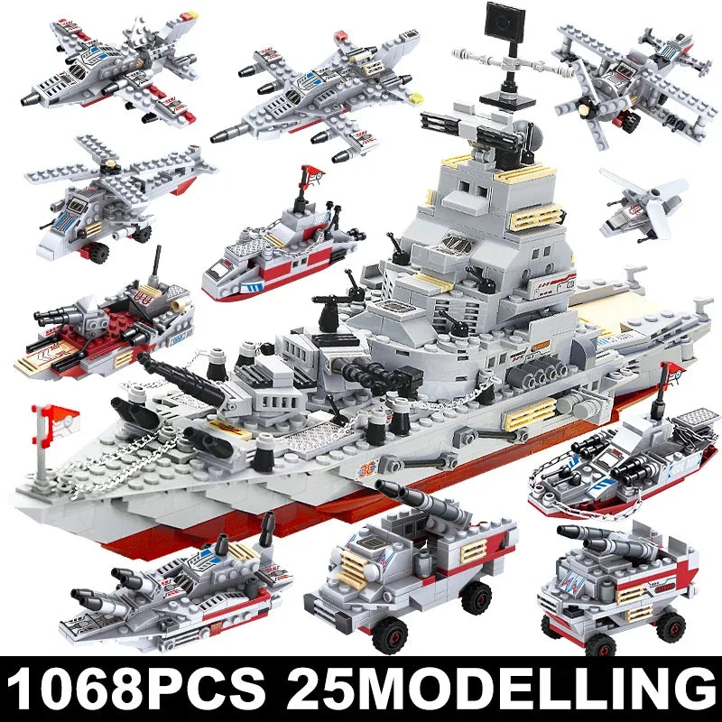 Marineoorlogschip Bouwstenen | Legermodel met Boot, Vliegtuig en Oorlogsschepen voor Jongens