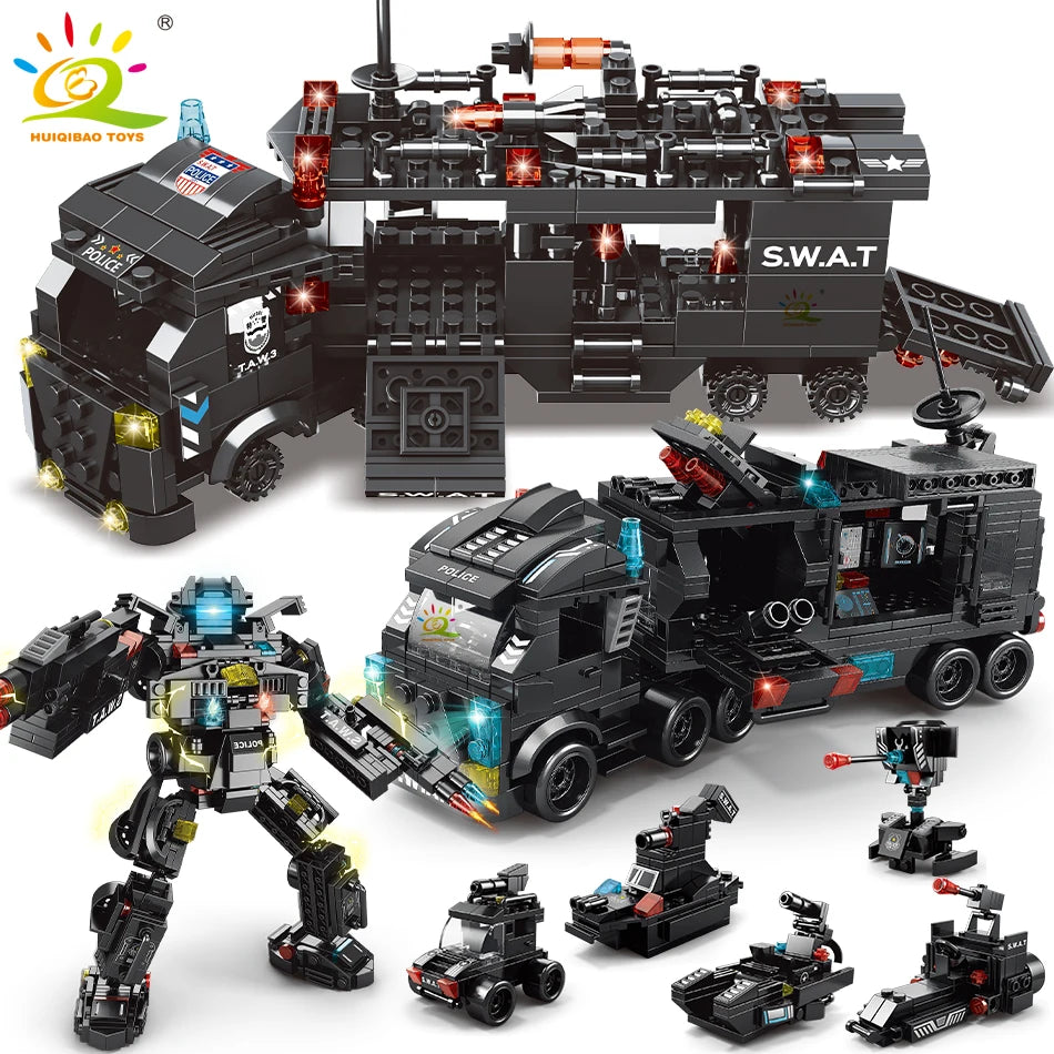 8-in-1 SWAT Politie Truck | Bouwblokken & Helikopter Set