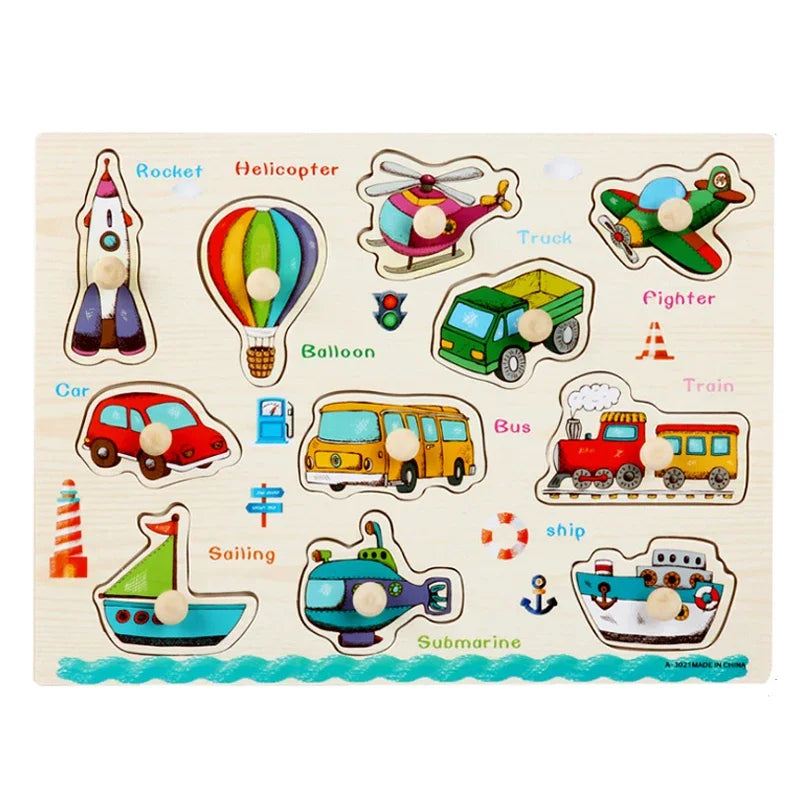 30cm Montessori Houten Puzzelbord | Hand-Oog Coördinatie | Cartoon Dieren & Voertuigen | Educatief Cadeau