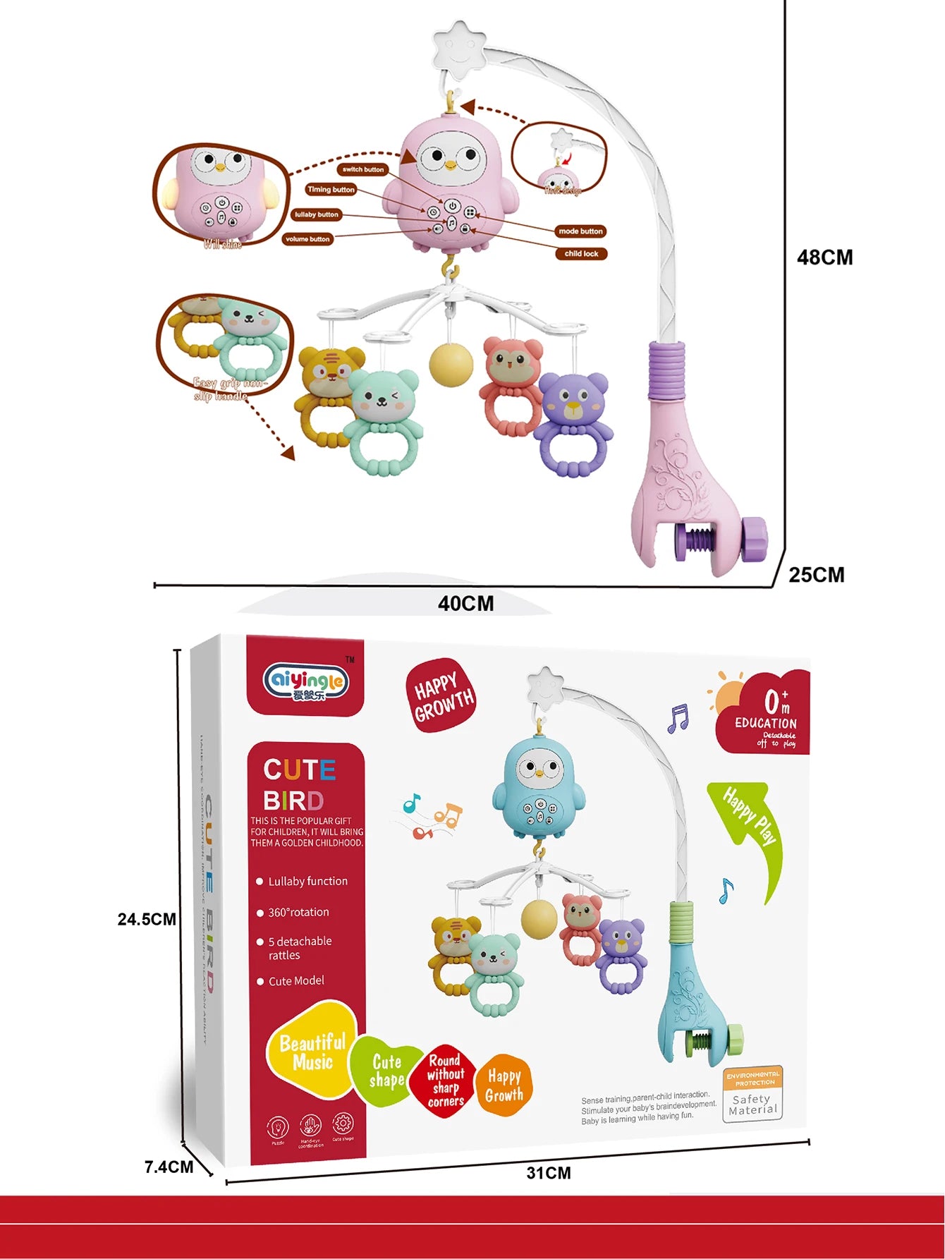 Muzikaal bedmobiel uil|Draaiend rammelspeelgoed babybed muziek