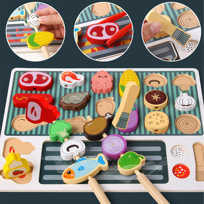 Houten BBQ Grill Speelgoed | Montessori Simulatieset voor Kinderen