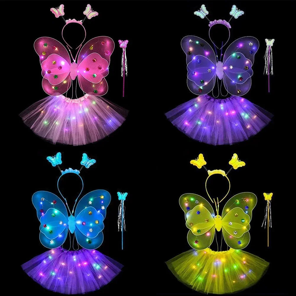 Dubbele Laag Meisjes LED Vlinder Vleugel Set | Knipperende Toverstaf, Hoofdband & Kostuum Speelgoed Cadeau