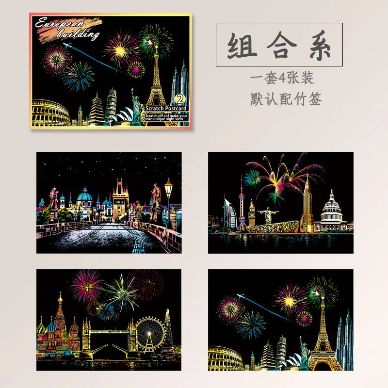 4-delige DIY Nachtlandschap Kras Schilderij Set | Educatief Kunstspeelgoed voor Kinderen, Stad & Landschap, Verjaardagscadeau & Kamerdecoratie