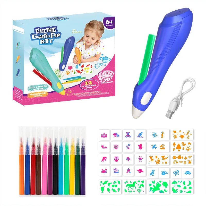 Elektrische Verfspuitpen voor Kinderen | 12 Kleuren Uitwasbare Markers voor Creatieve Kunst