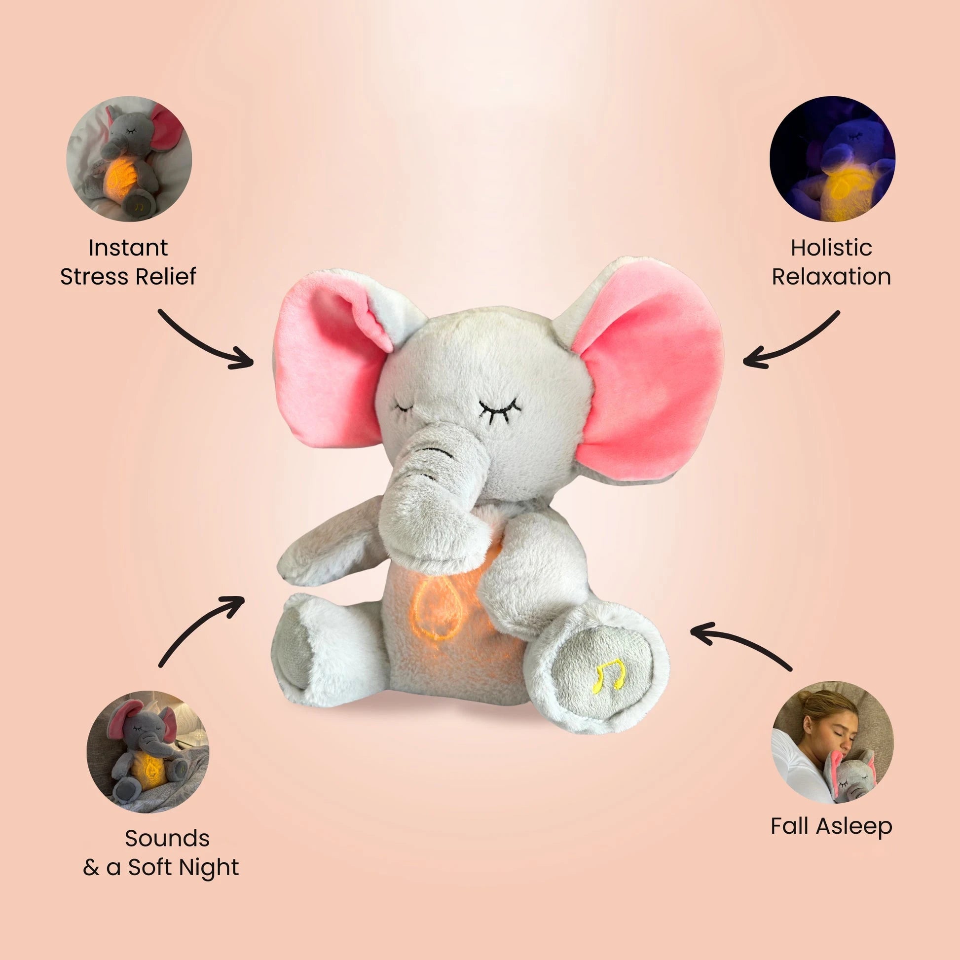 Ademende Knuffel Olifant | Muzikaal & lichtgevend pluchen knuffeldier – Slaapmaatje voor baby's