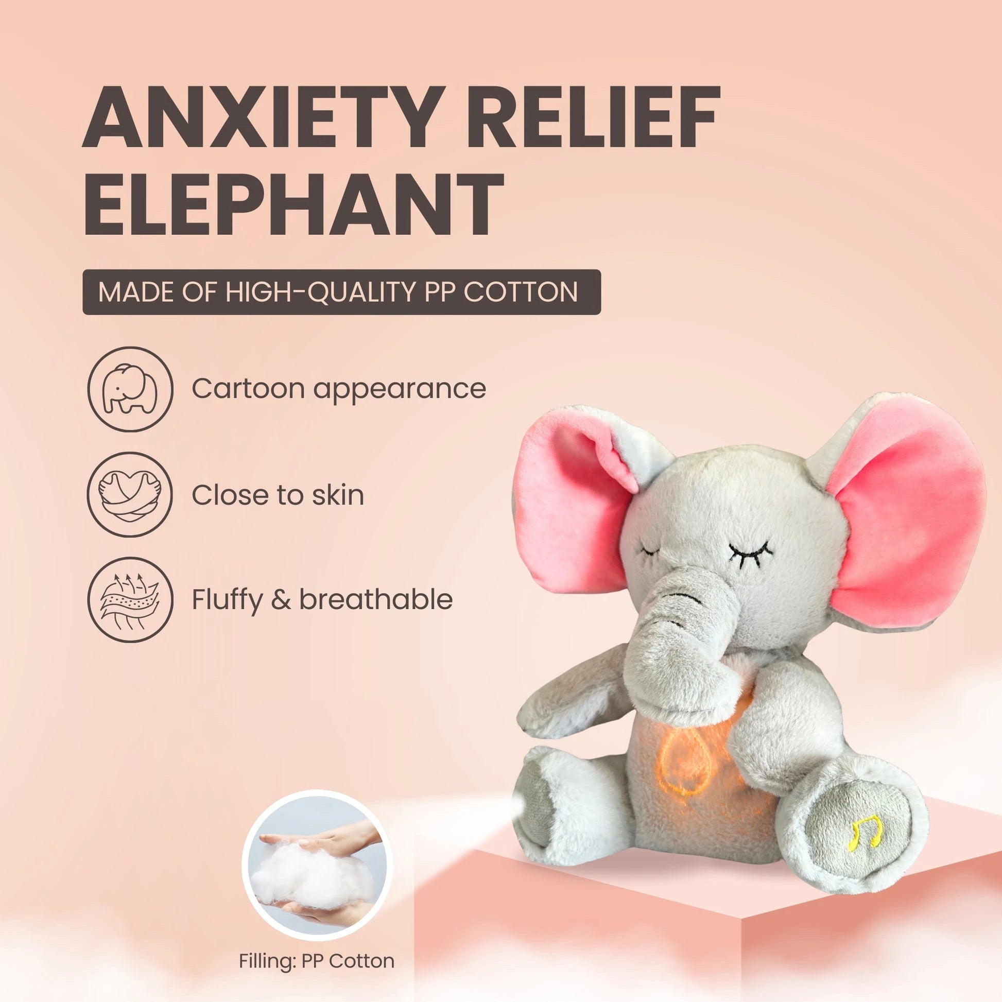 Ademende Knuffel Olifant | Muzikaal & lichtgevend pluchen knuffeldier – Slaapmaatje voor baby's